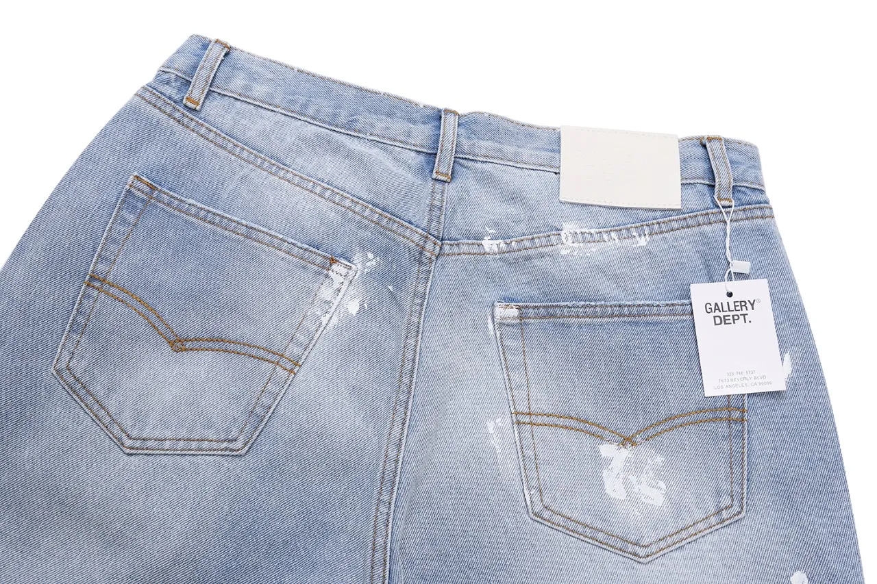 p270 647#Gallery Dept New Washed Blue Destroyed Hole Embroidery Patch Hand-painted Splashed Ink Splicing Micro-Large Jeans Heavy Industry Ox King American High Street Casual Pants Washed Blue S~XL